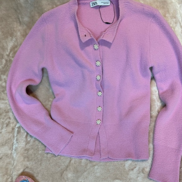 Zara Pink Knit Cardigan Jewel Pearl Buttons Size M - Picture 2 of 9